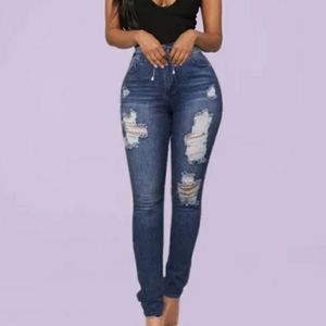 FINAL PRICED-#10334-7 Women’s Drawstring Waist Ripped Skinny,Dark blue,2XL.